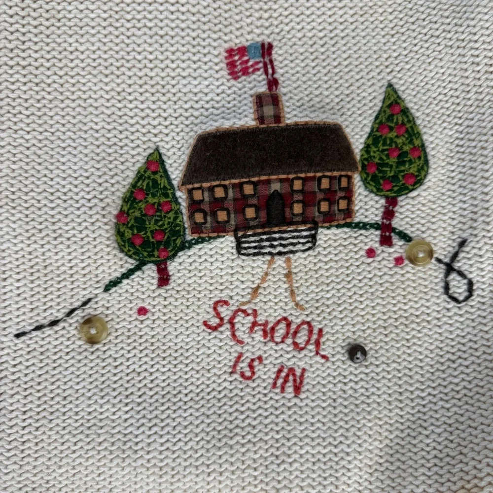 Christopher & Banks Hand Embroidered School Teacher Zip Sweater Vest Cream Large